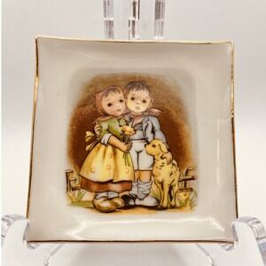 Vintage Goebel Hummel Style Porcelain Plate Trinket Dish Children Dog Gold
